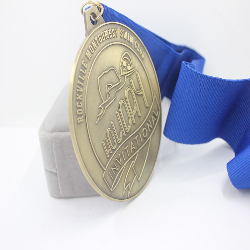 7.3cm Engraved Embossed Logo Antique Bronze Swimming Medal