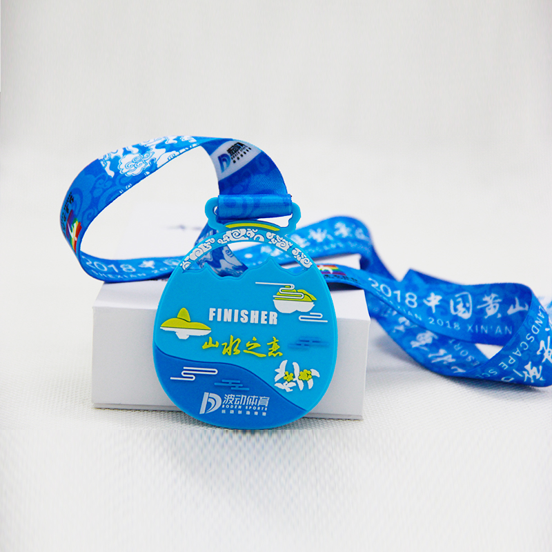Blue snow and ice mountain ribbon medal white river red flower hollow landscape international marathon PVC medal